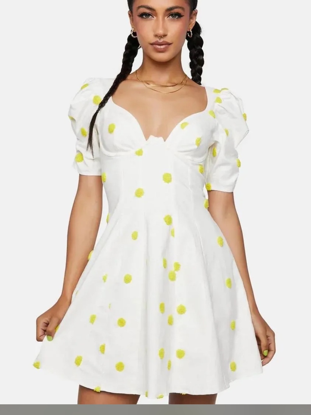 For Love And Lemons White Mini Dress with Yellow Polka Dots